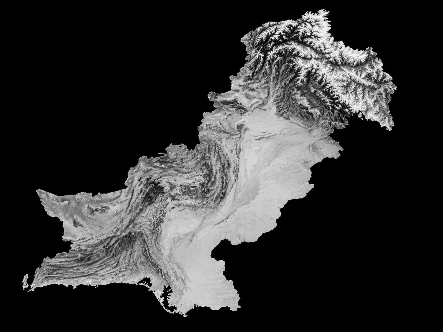 Shaded relief map of Pakistan in greyscale, the northern mountain ranges in sharp detail